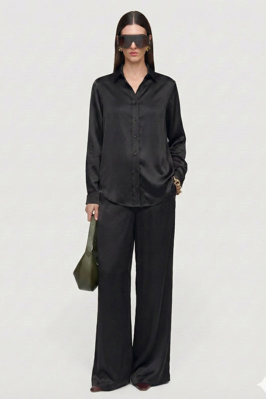 Kadın Siyah Saten Belden Lastikli Bol Paça Pantolon