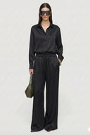 Kadın Siyah Saten Belden Lastikli Bol Paça Pantolon