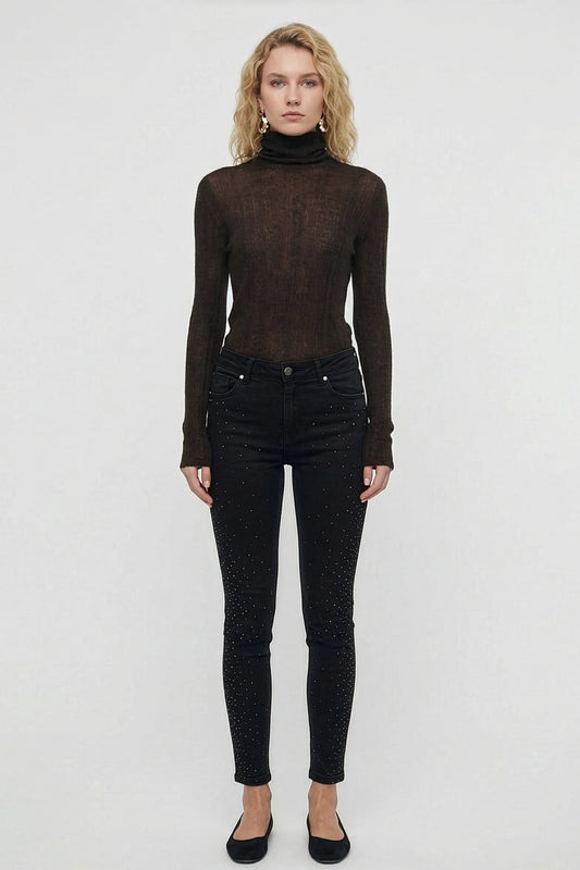 Taş Detaylı Yüksek Bel Likralı Kot Pantolon