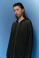 Siyah Modal Önden Fermuarlı Taşlı Swearshirt Üst