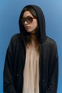 Siyah Modal Önden Fermuarlı Taşlı Swearshirt Üst