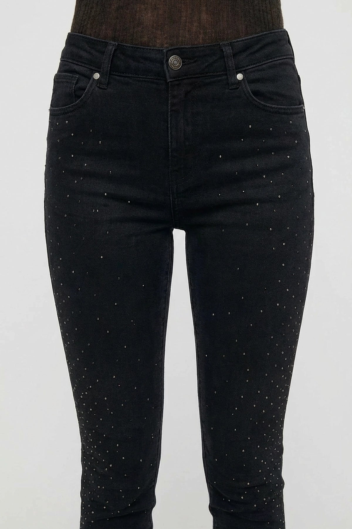 Taş Detaylı Yüksek Bel Likralı Kot Pantolon