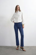 Lastikli Yüksek Bel Flare Denim Pantolon